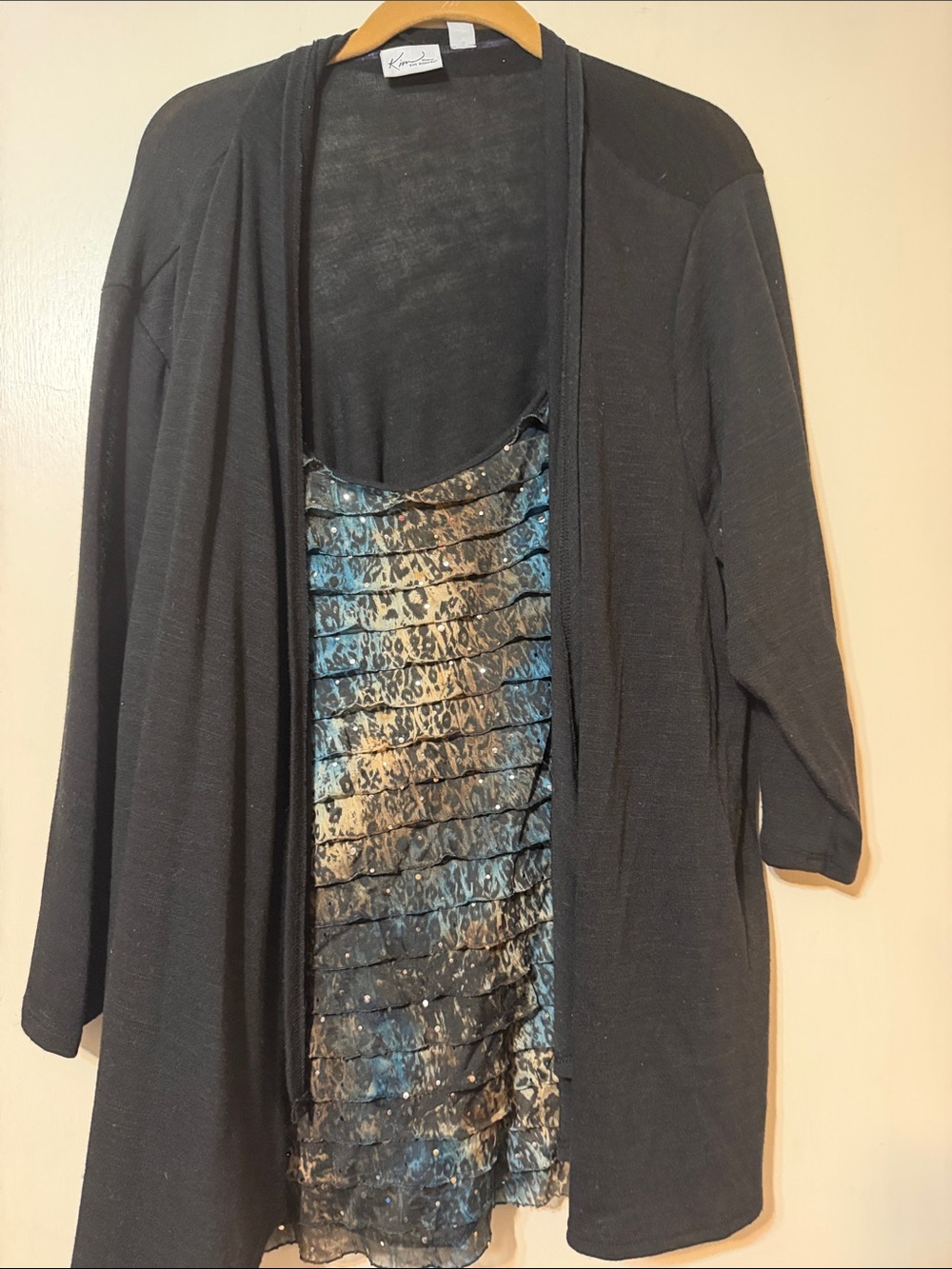 Kim Rogers Black Open-Front Cardigan with Blue and Cream Ruffled Tank